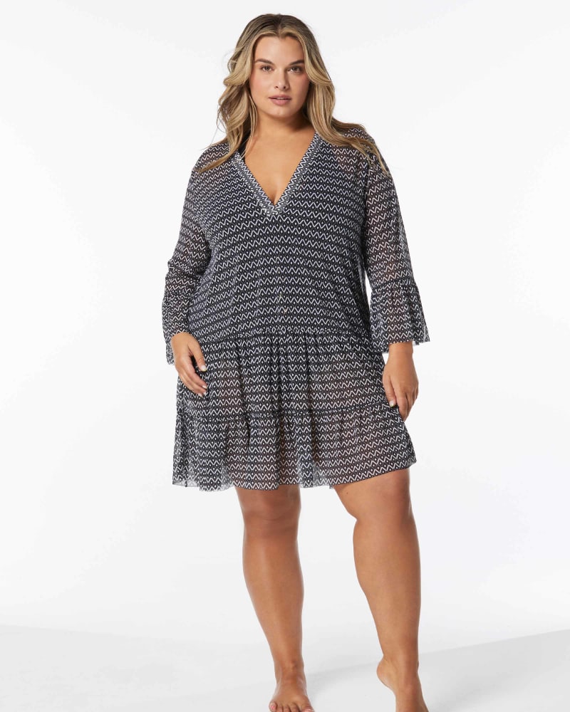 Front of a model wearing a size L ENCHANT COVER UP in CAST-BLACK by Coco Reef. | dia_product_style_image_id:332736